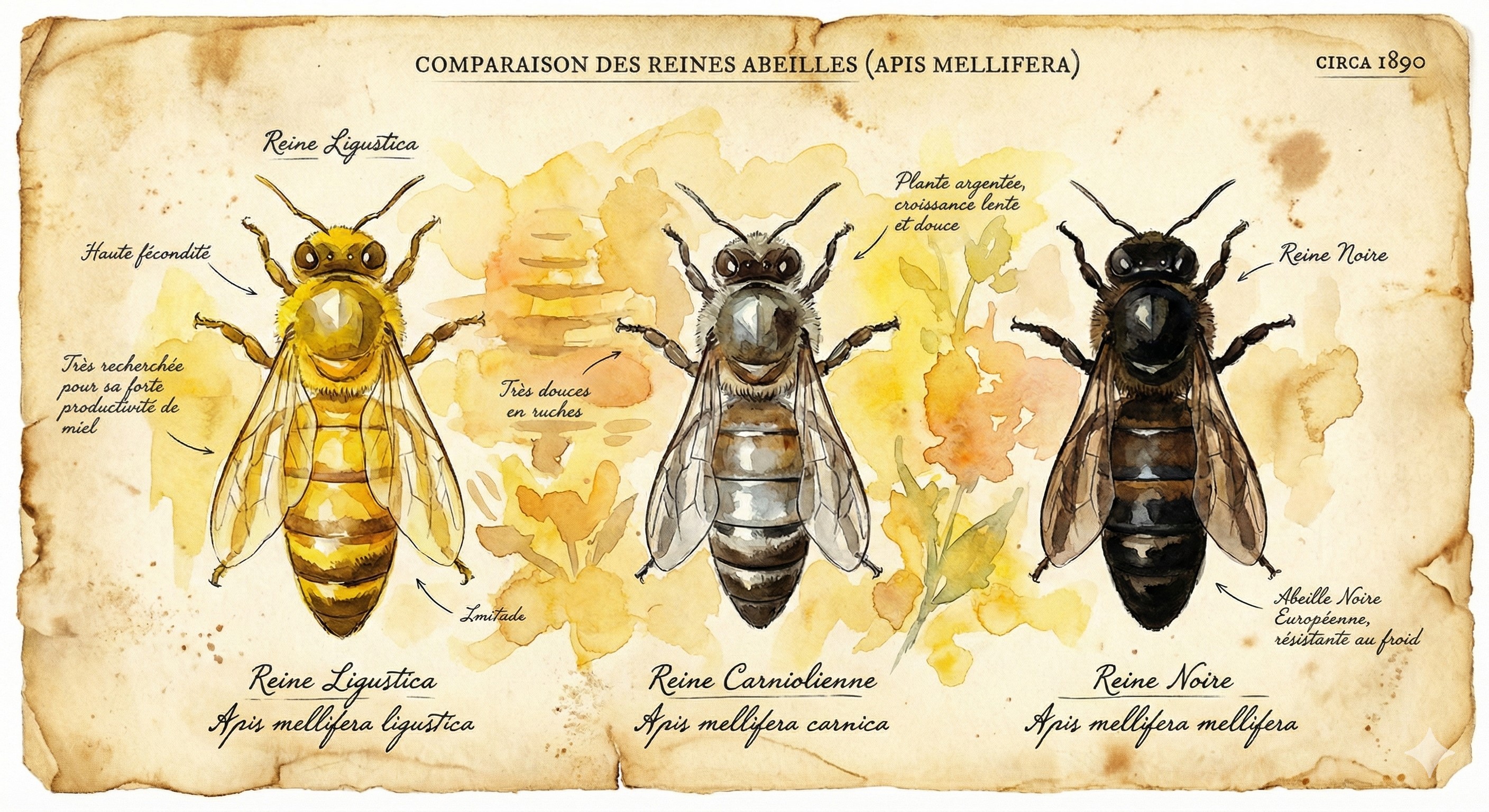 Watercolor illustration showing three bee races side by side: yellow Ligustica, grey Carniolan and black dark bee