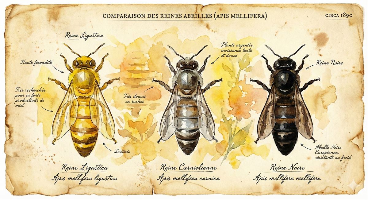 Watercolor illustration showing three bee races side by side: yellow Ligustica, grey Carniolan and black dark bee